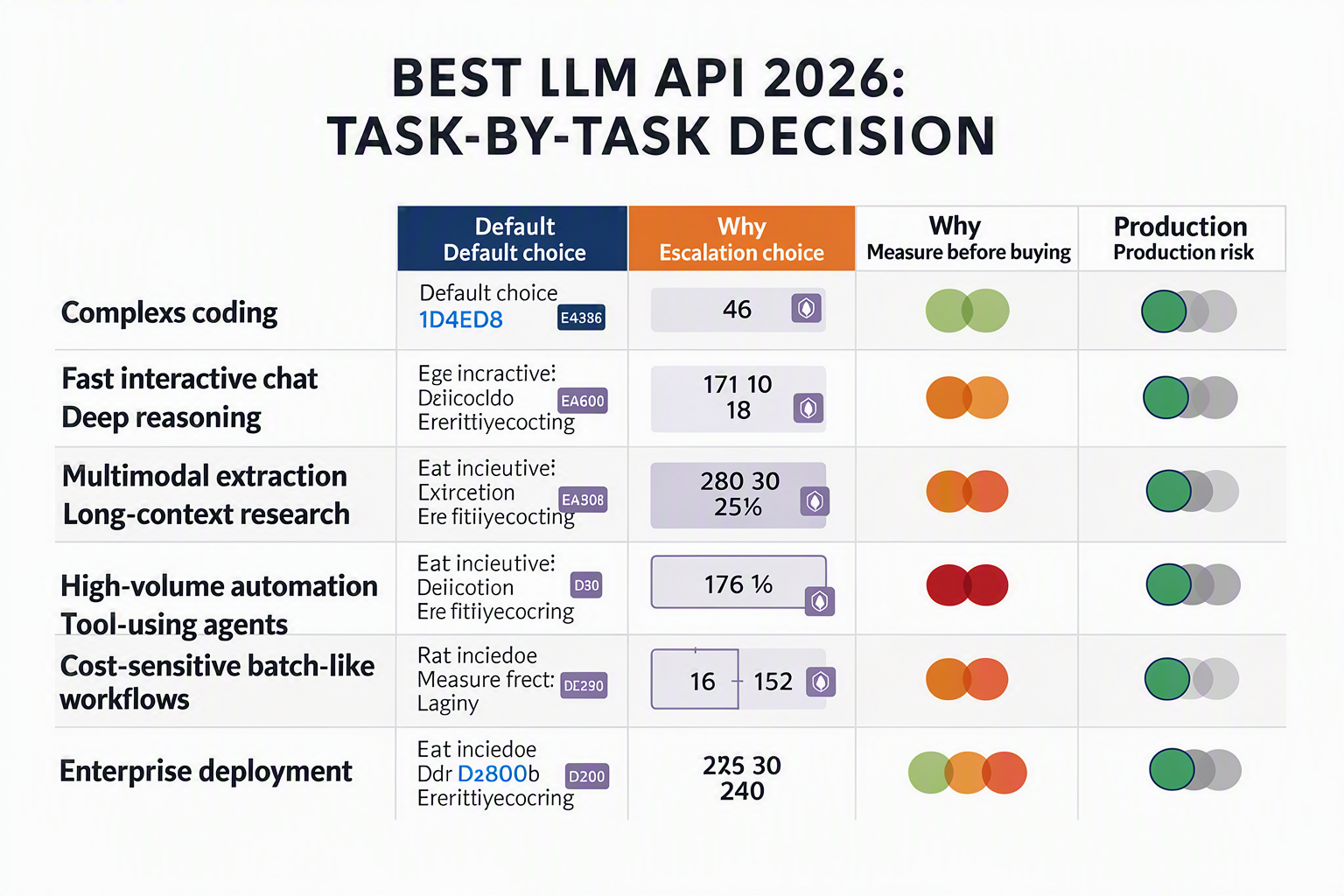 A concise buyer decision-matrix infographic titled BEST LLM API 2026: TASK-BY-TASK DECISION