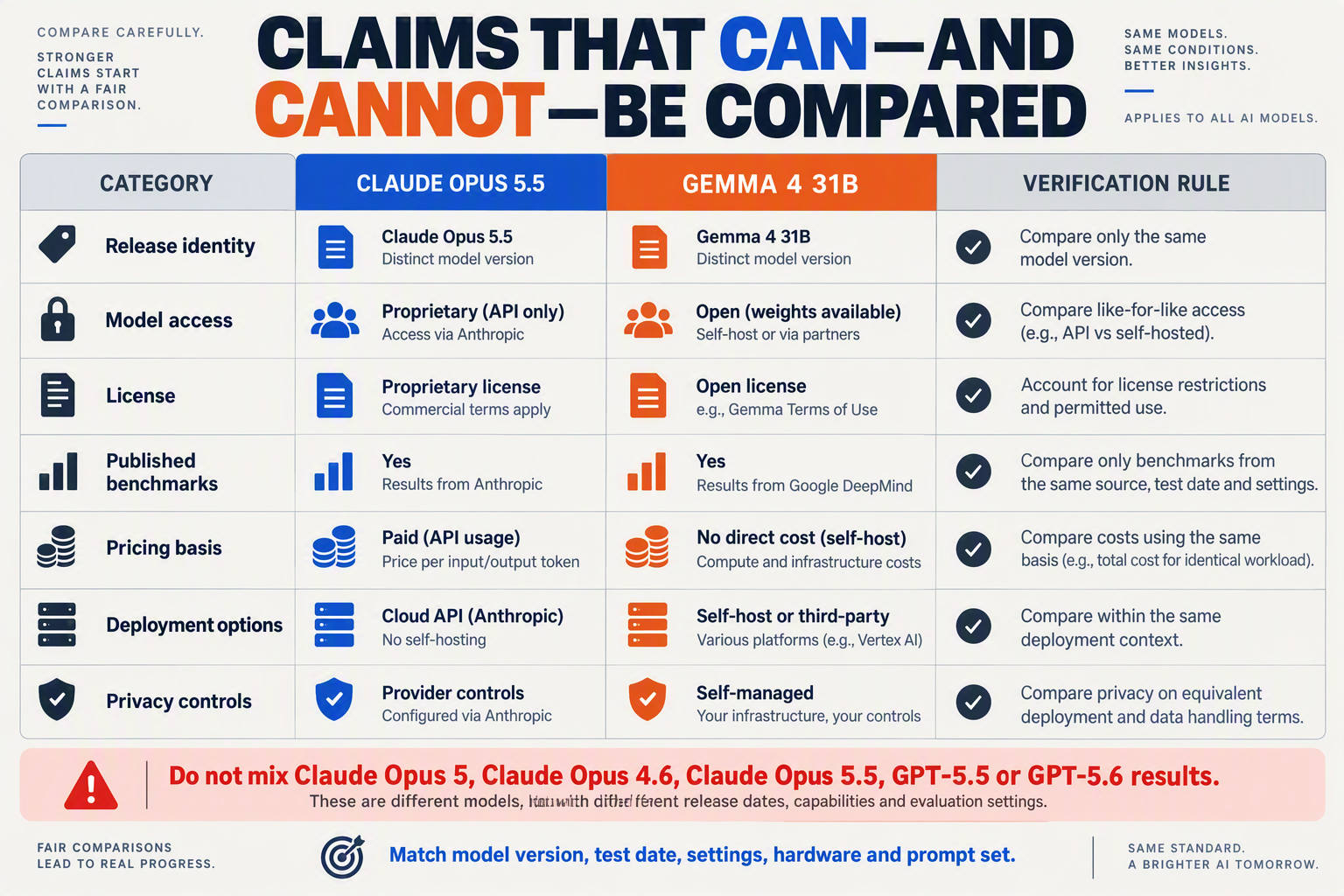 A structured comparison-table infographic titled CLAIMS THAT CAN—and CANNOT—BE COMPARED