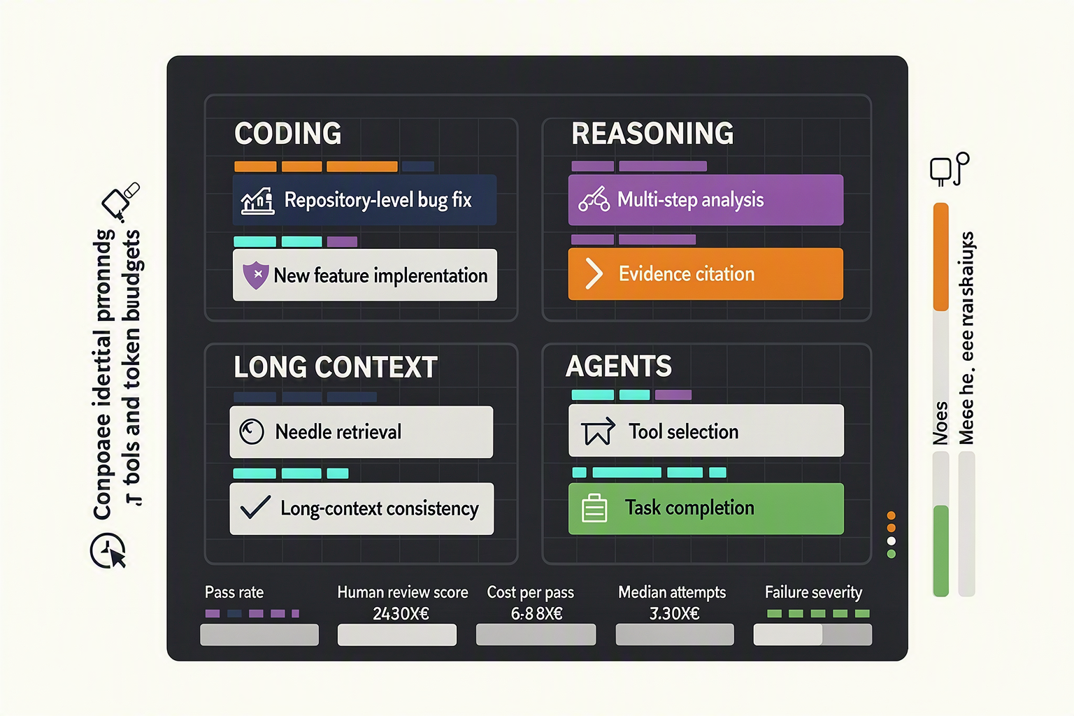 Design a developer evaluation dashboard titled CAPABILITY TEST MATRIX with four large quadrants labelled Coding, Reasoning,