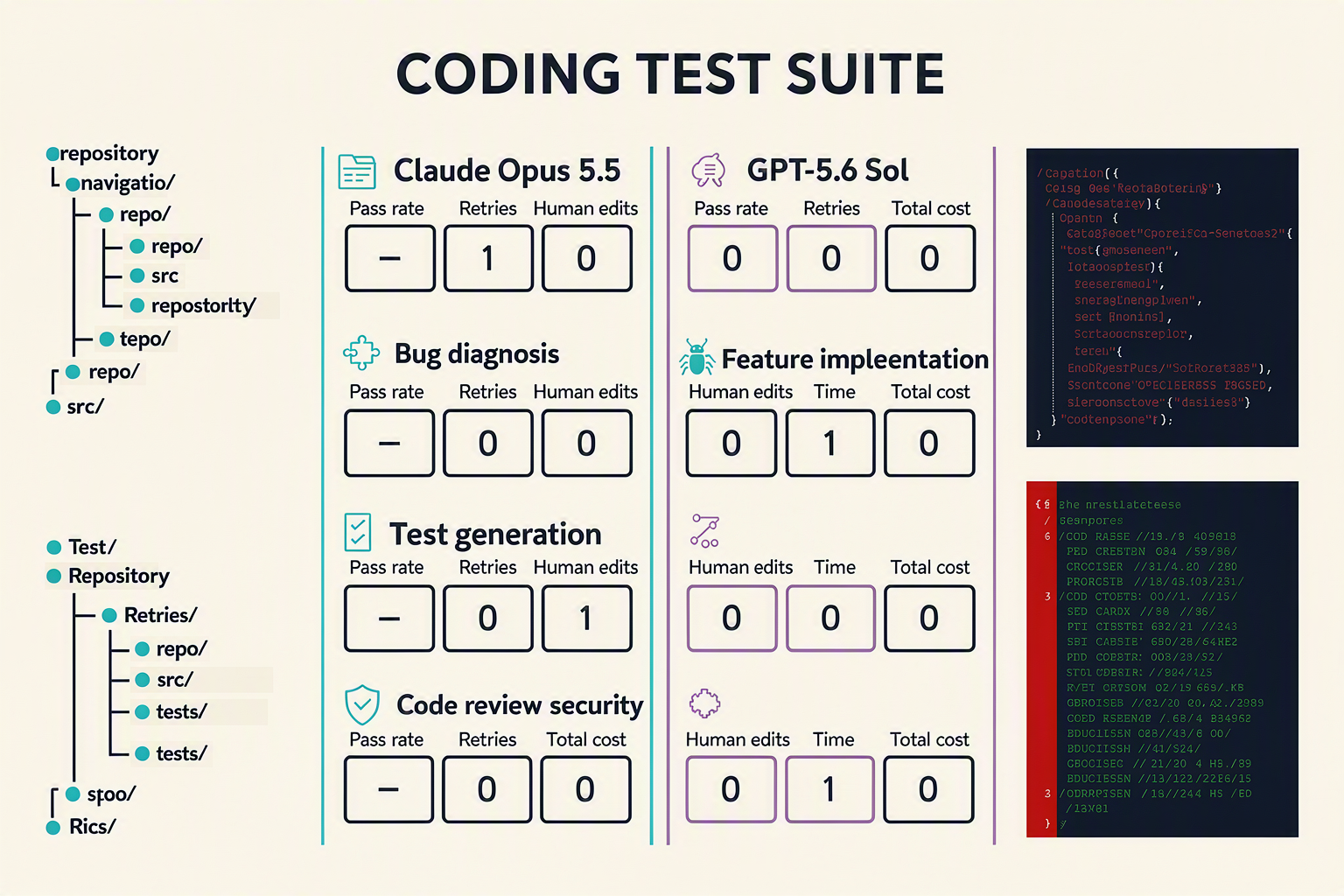 A detailed coding-evaluation scoreboard infographic titled CODING TEST SUITE with two anonymous result lanes labelled Claude