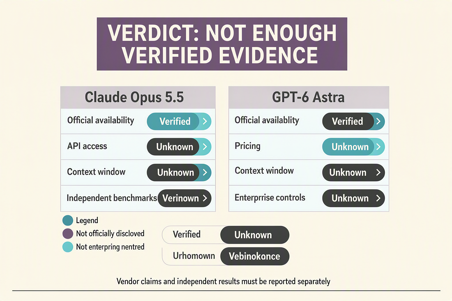 Create a balanced executive decision infographic centred on a large verdict card reading VERDICT: NOT ENOUGH VERIFIED