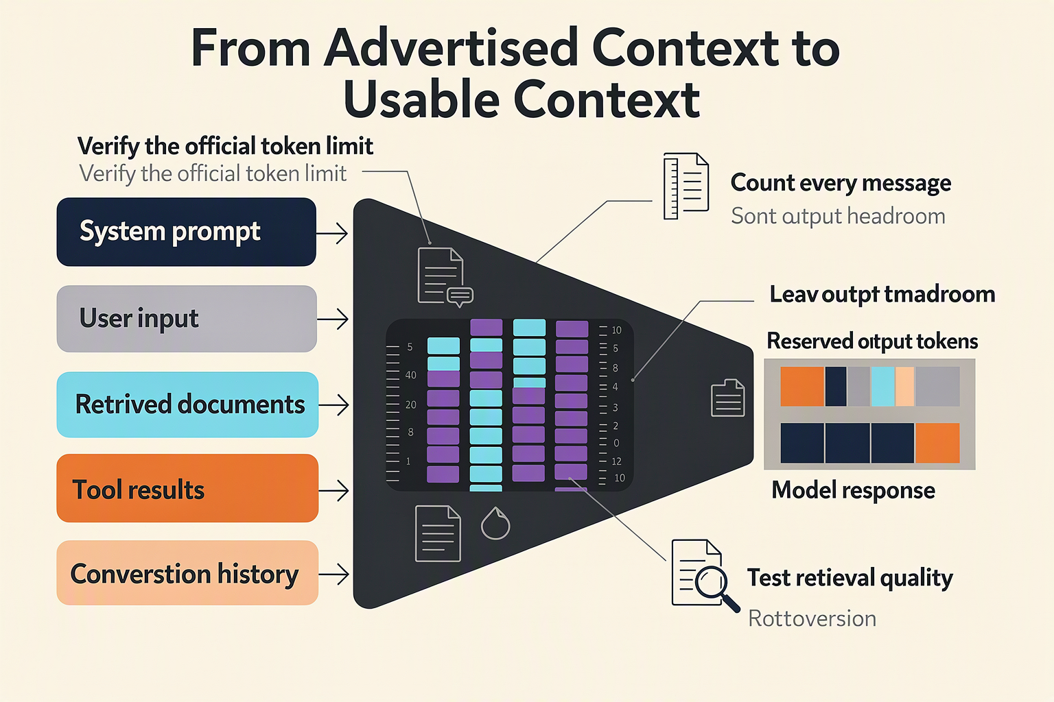 A funnel-style infographic titled From Advertised Context to Usable Context