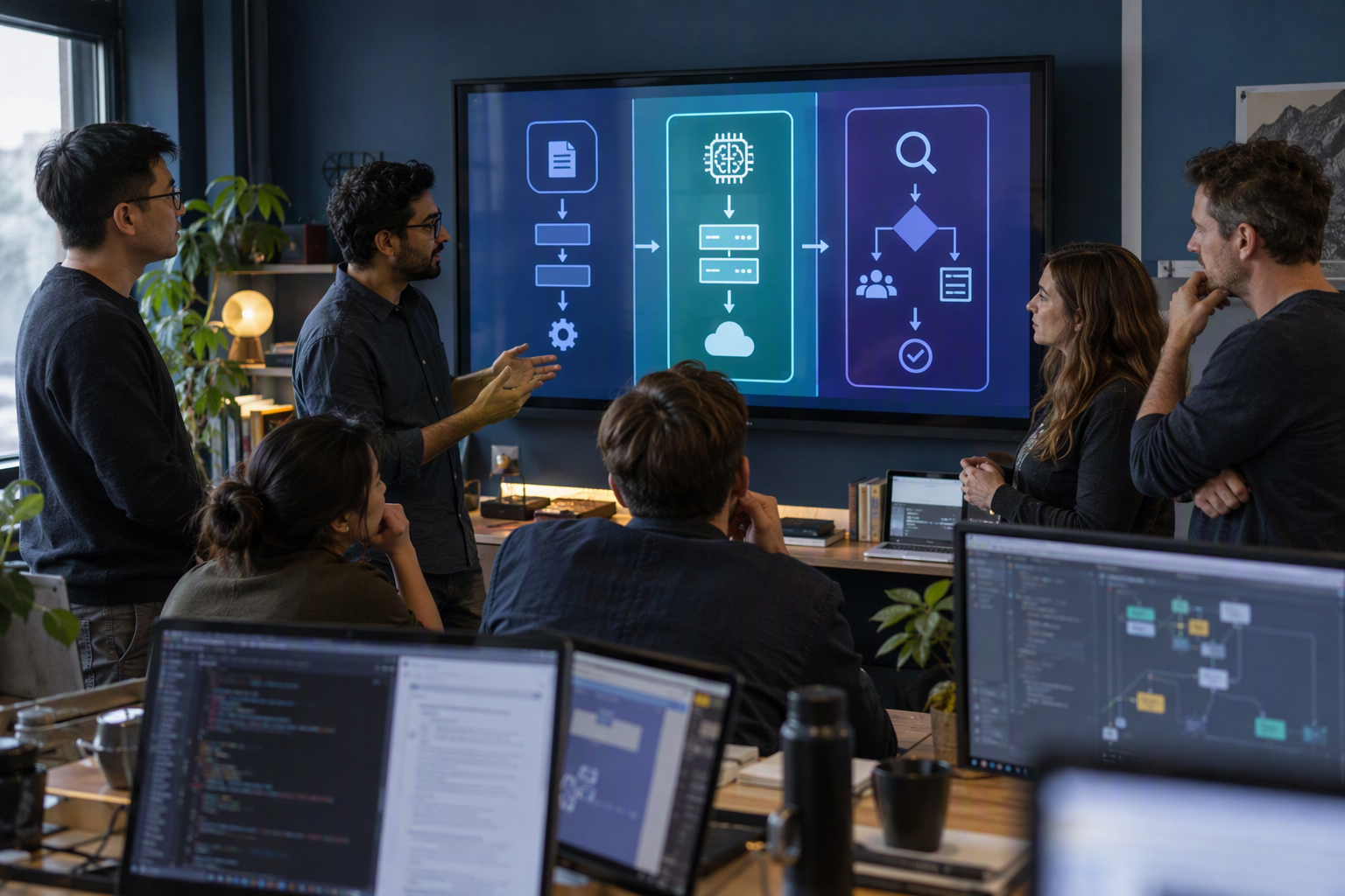 A thoughtful engineering team gathered around a large wall display showing three abstract AI workload lanes: fast routine