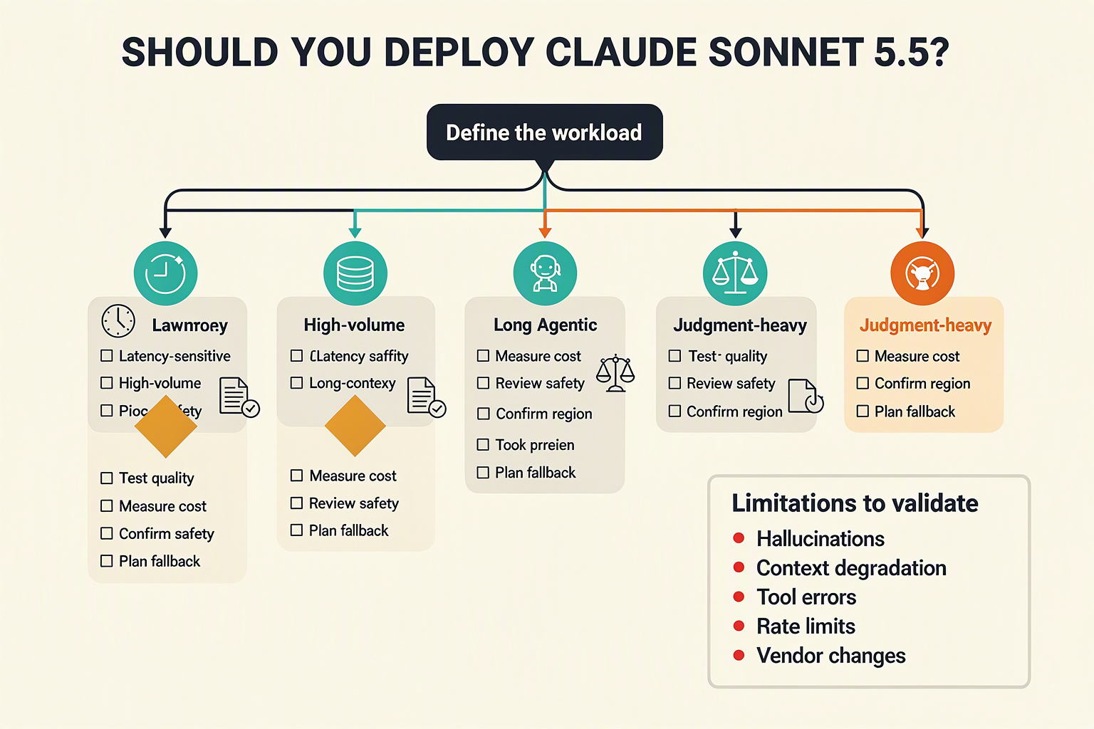 A decision-tree infographic titled Should You Deploy Claude Sonnet 5.5?