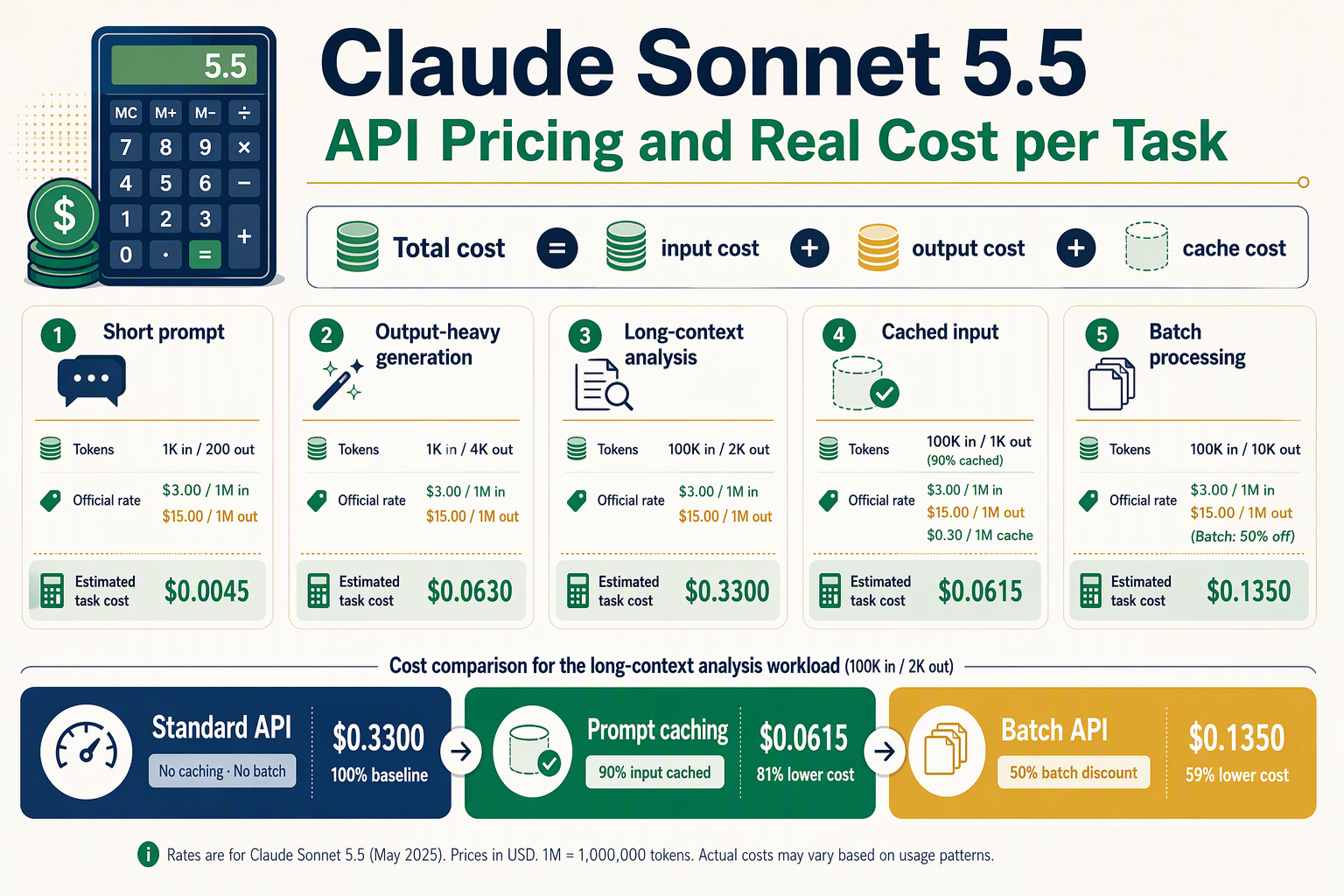 A detailed cost-calculation infographic titled Claude Sonnet 5.5 API Pricing and Real Cost per Task