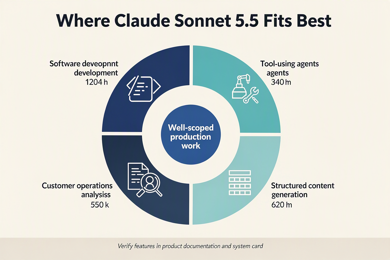 A six-segment radial infographic titled Where Claude Sonnet 5.5 Fits Best with a central node labeled Well-scoped production