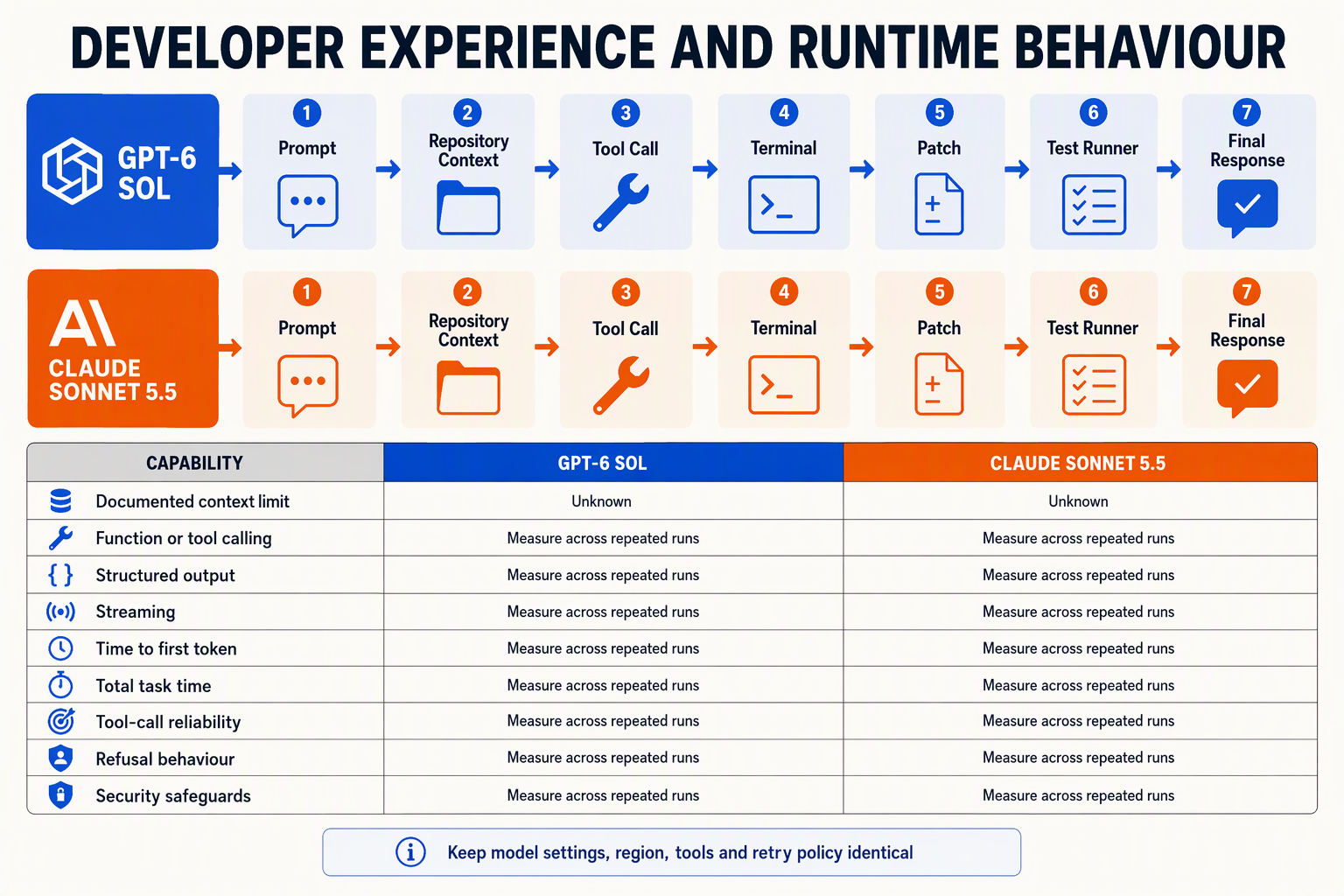 A technical systems-comparison infographic titled DEVELOPER EXPERIENCE AND RUNTIME BEHAVIOUR with two parallel architecture