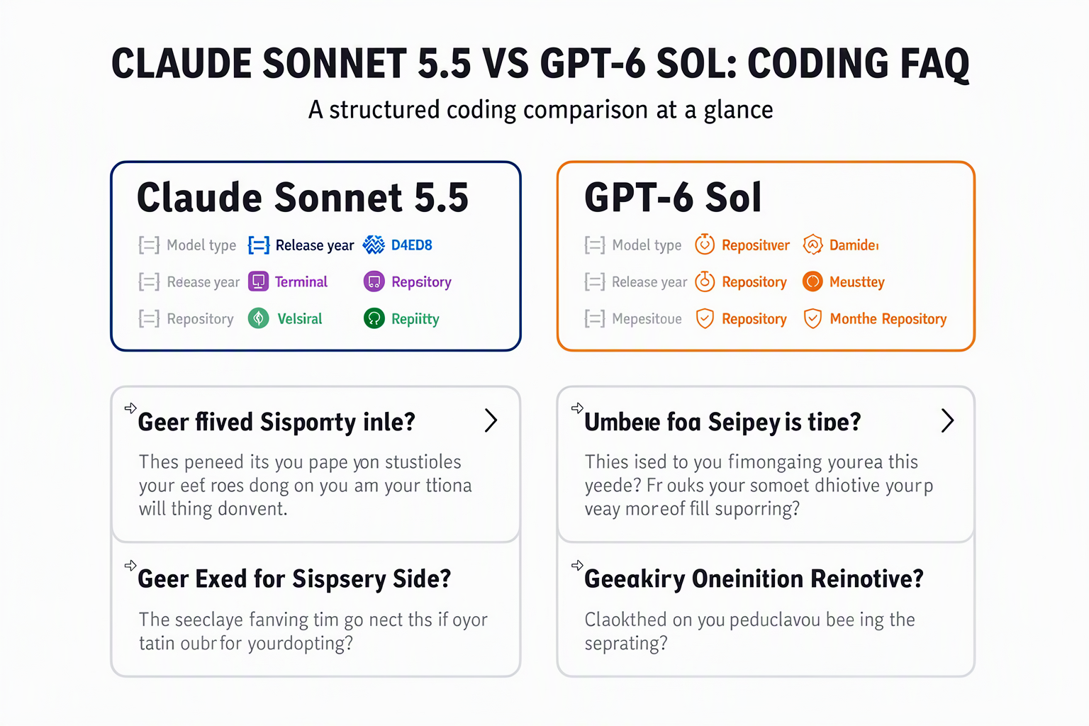A structured FAQ infographic titled CLAUDE SONNET 5.5 VS GPT-6 SOL: CODING FAQ with two labelled model panels at the top and