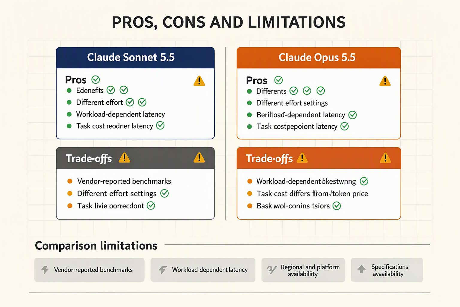 Design a balanced four-quadrant comparison titled PROS, CONS AND LIMITATIONS