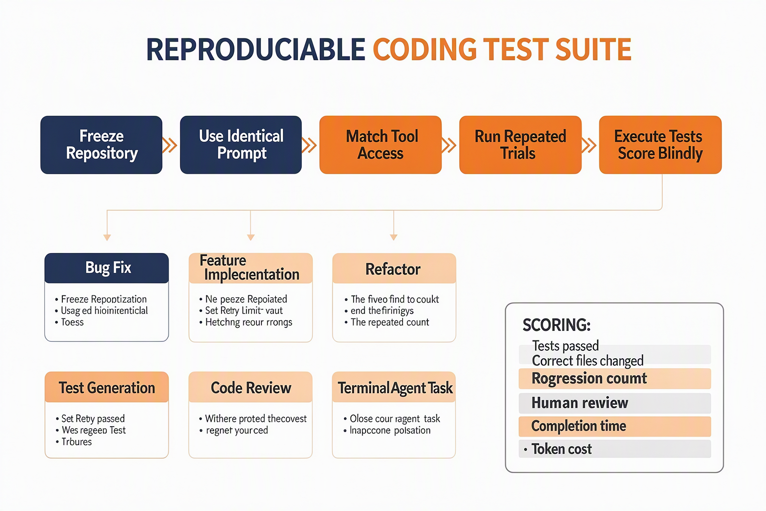 A laboratory-style software benchmark workflow infographic titled REPRODUCIBLE CODING TEST SUITE