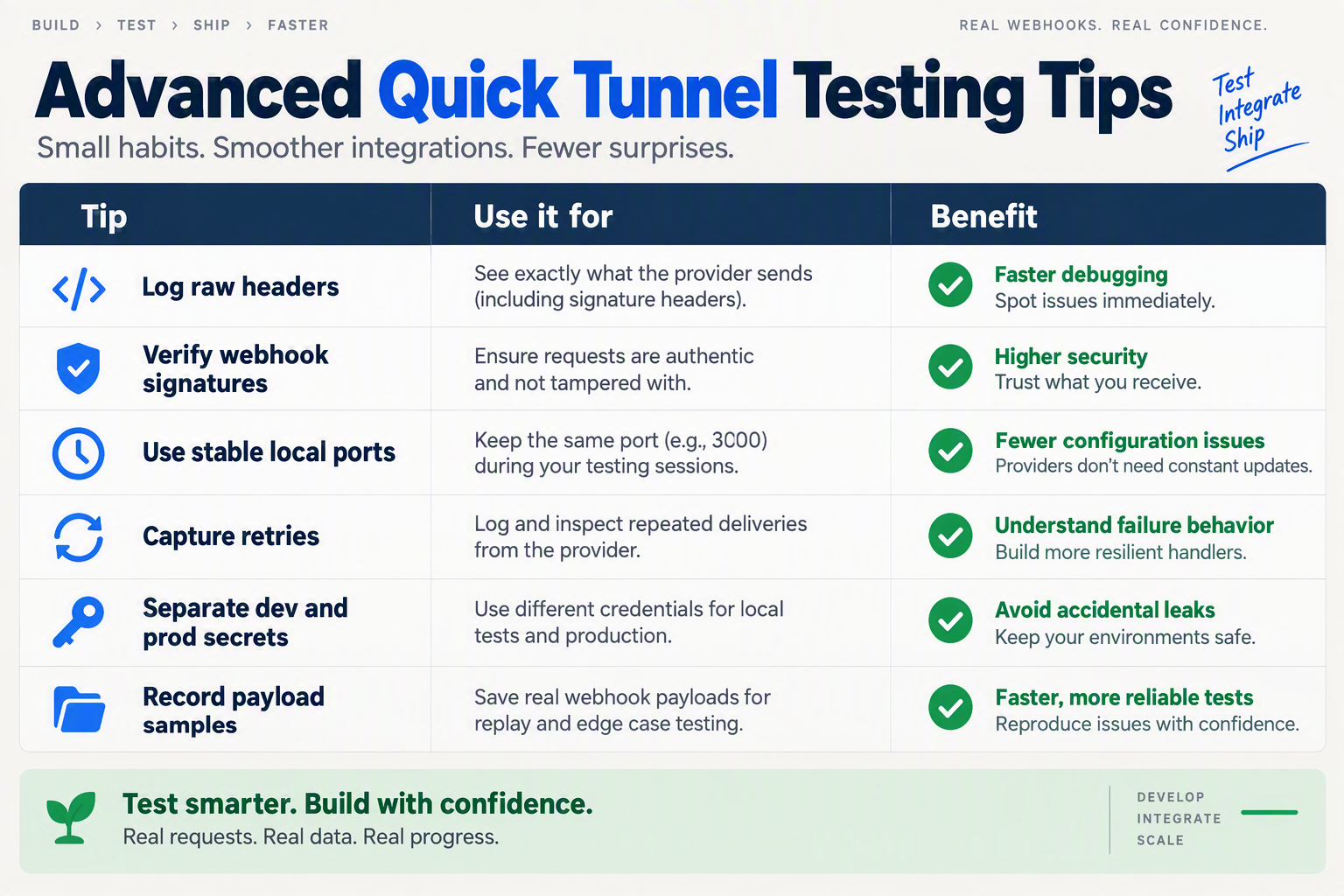 Design a practical comparison table infographic titled Advanced Quick Tunnel Testing Tips