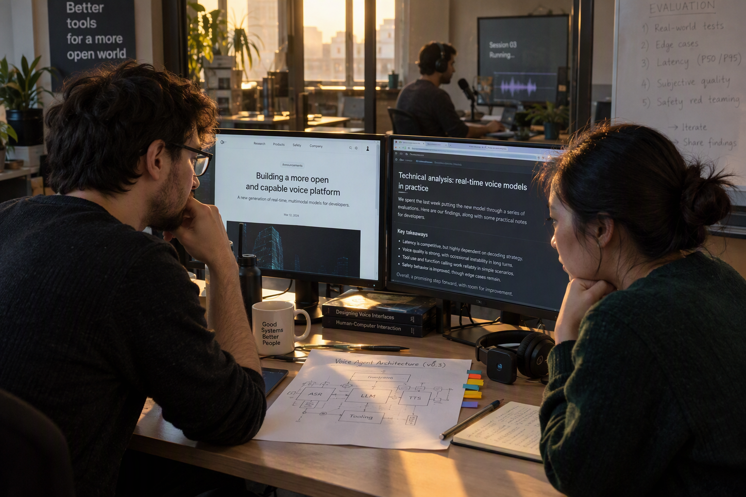 Show a thoughtful editorial research scene in a quiet engineering workspace during late afternoon