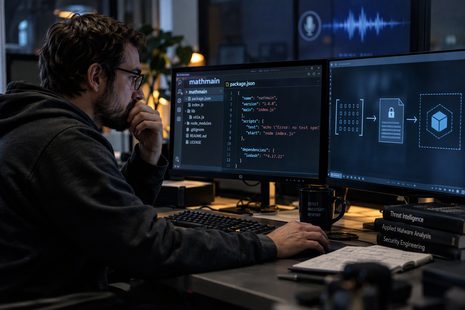 An application-security analyst studies a JavaScript package and a matrix-inspired input pattern on two monitors in a small