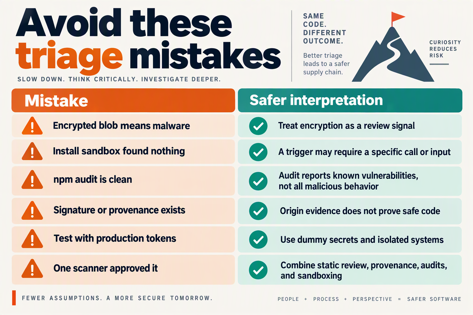 Create a caution-focused comparison infographic titled Avoid these triage mistakes with columns Mistake and Safer