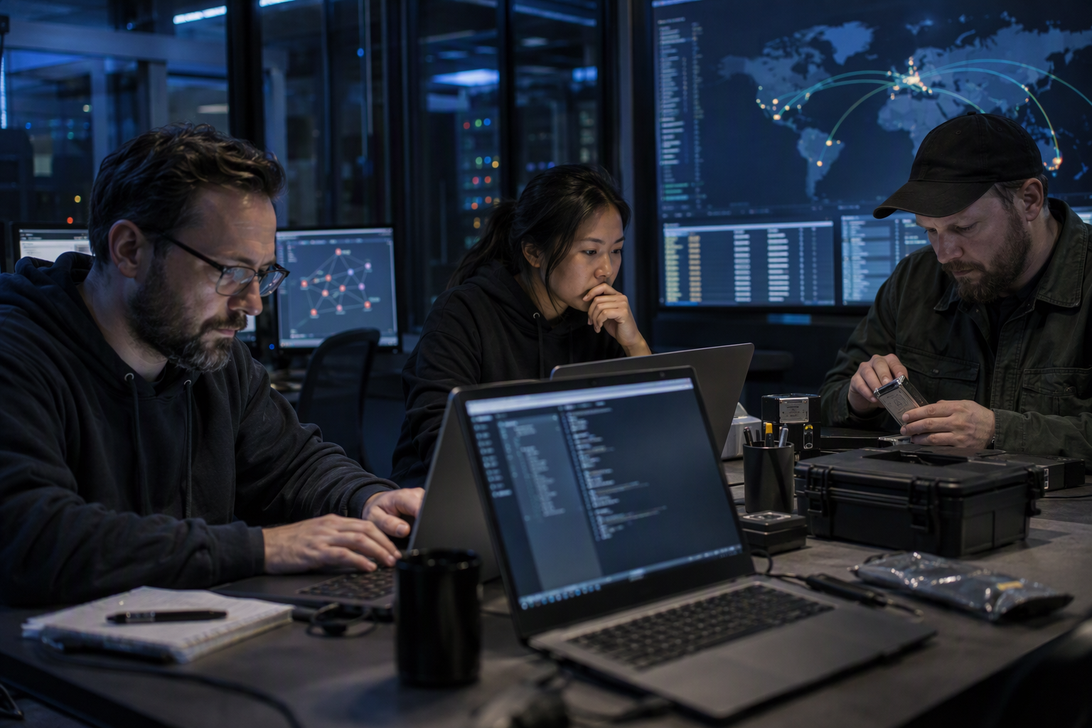 An incident-response team coordinates a contained npm supply-chain investigation in a secure operations room