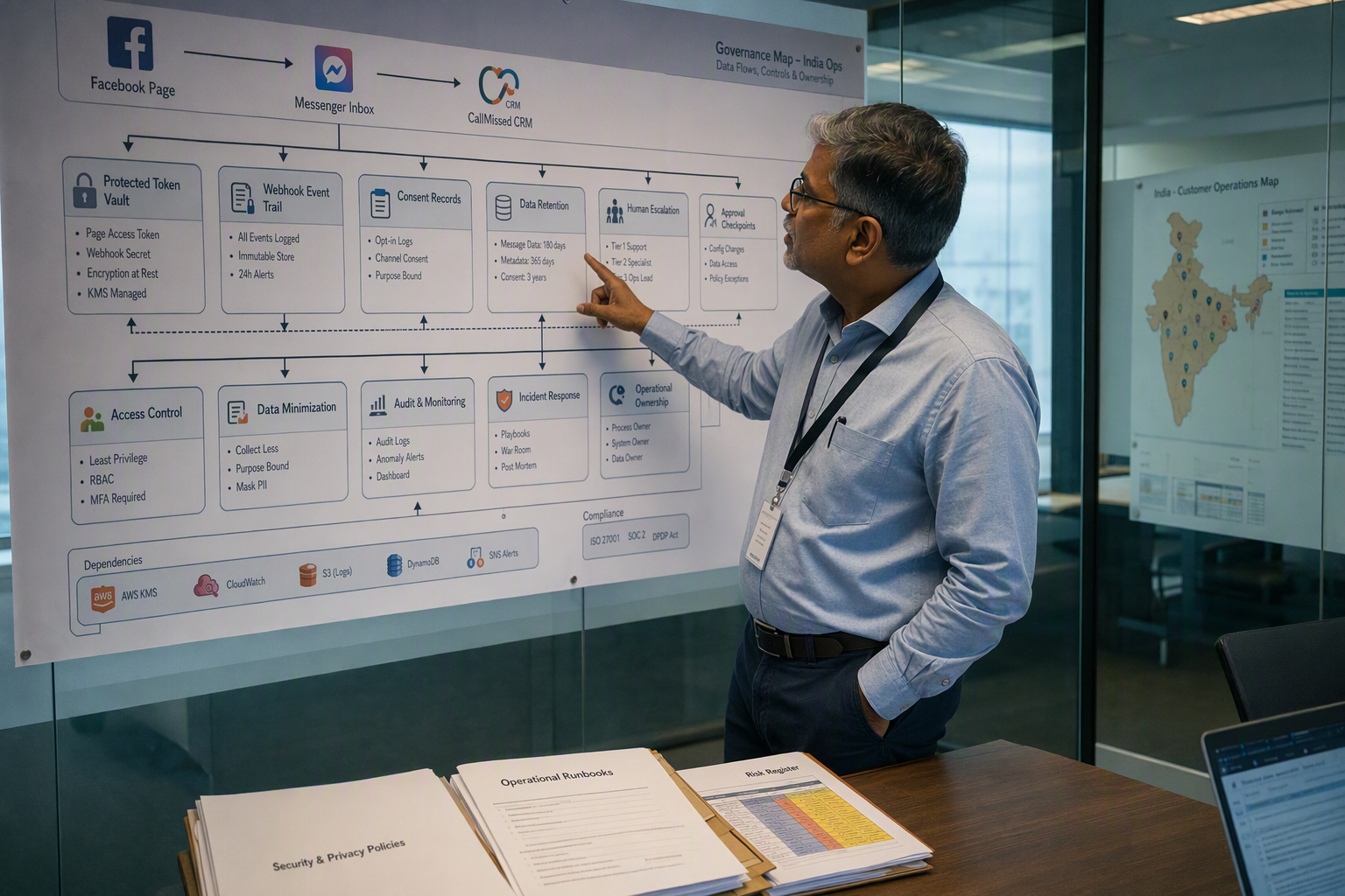 A senior security architect and customer-support operations leader reviewing a wall-sized governance map in a bright glass