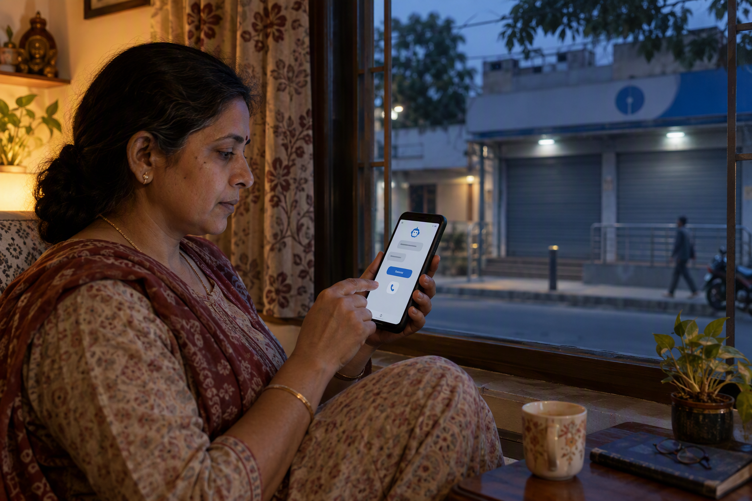Show a customer at home in India in the evening, seated beside a window with a smartphone open to a simple bank-support