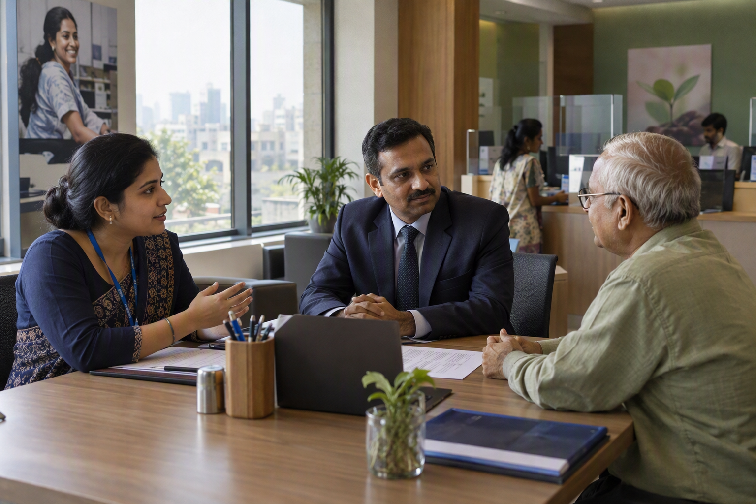 Show a constructive discussion in a bright Indian banking meeting room, with a bank employee representative, a branch