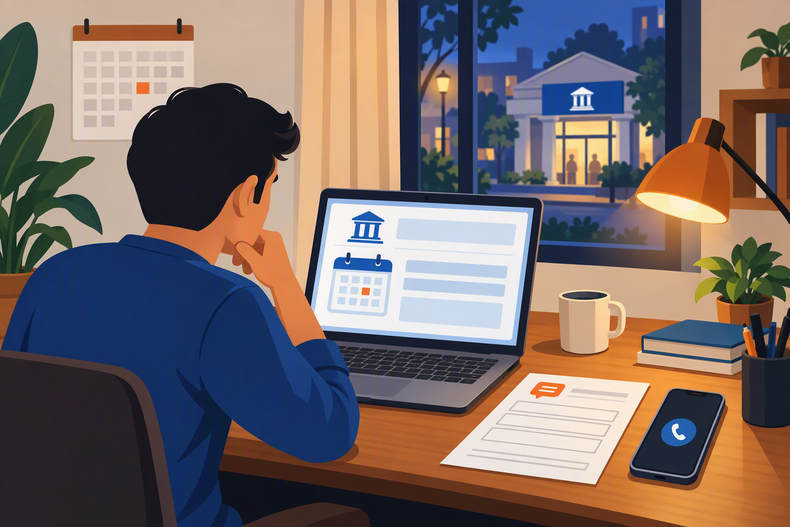 Create a quiet, reassuring evening scene at an Indian home desk: a customer reviews a bank's official service notice on a