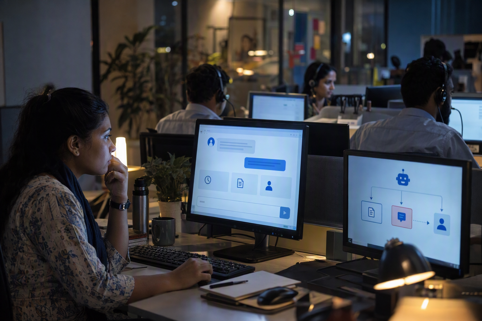 Depict a practical service journey in a contemporary Indian banking contact centre after branch closing time