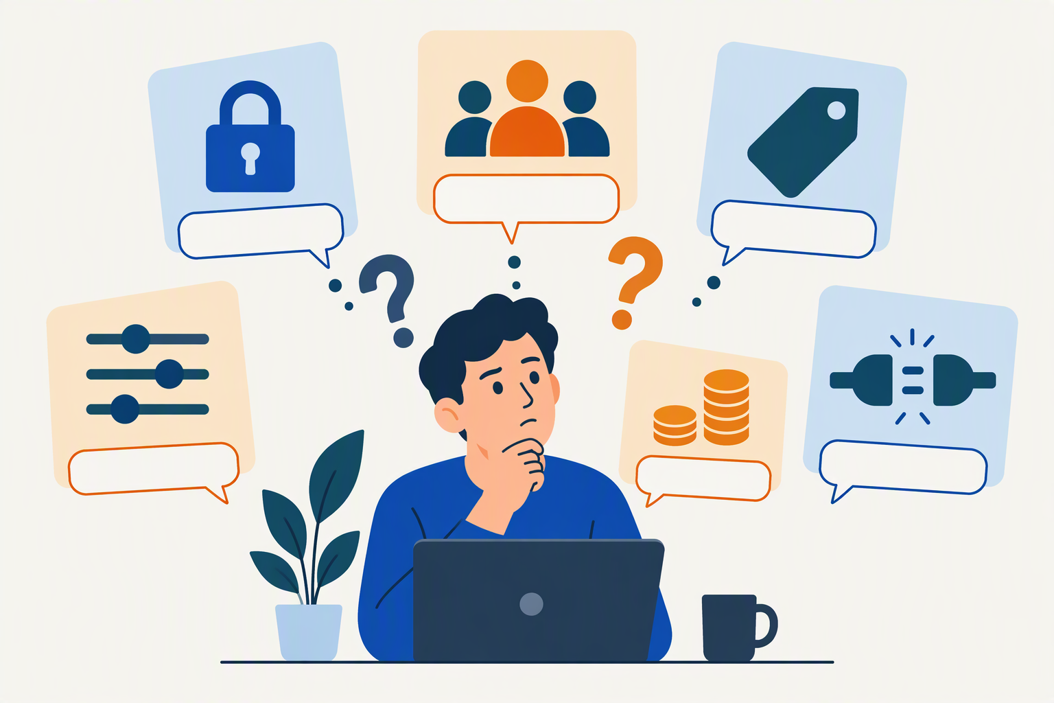 Create a question-led developer reference graphic with six rounded cards arranged around a central document icon