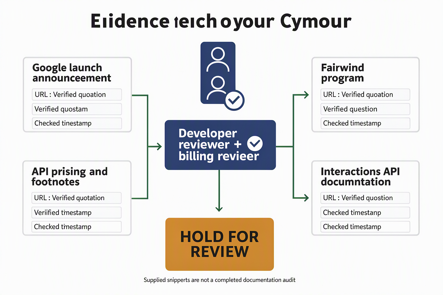 Create an editorial source-verification map with six document tiles surrounding a central approval gate