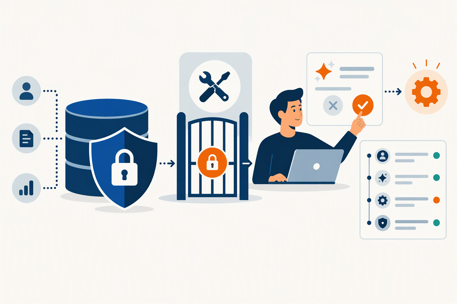Create a layered security architecture diagram centered on an application request moving through five concentric safeguards