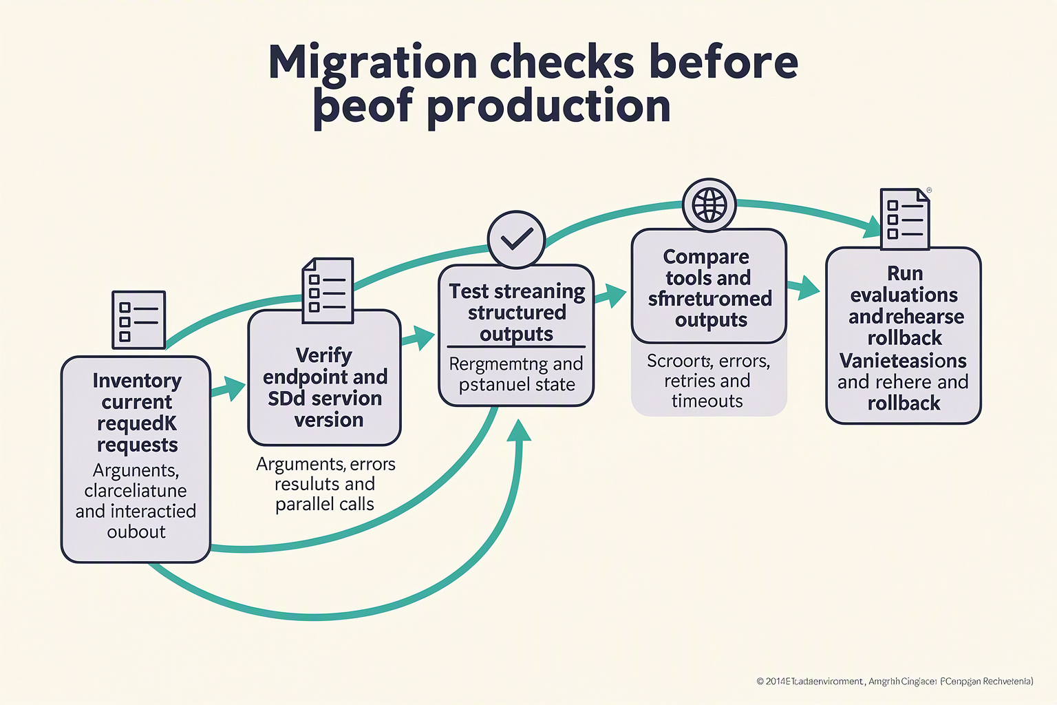 Build a migration flowchart with six distinct stations arranged in a curved path, titled Migration checks before production