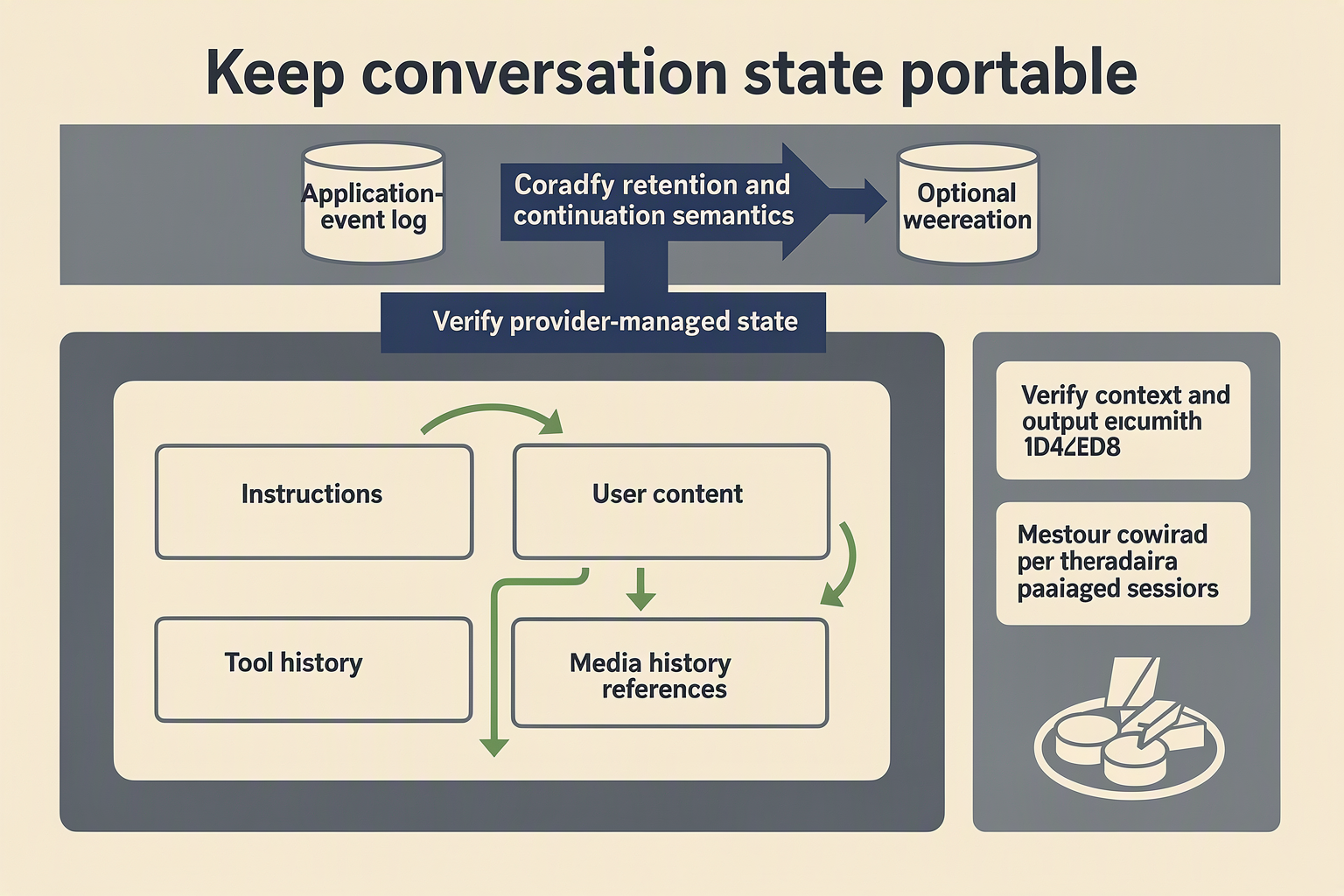 Present a layered architecture infographic titled Keep conversation state portable
