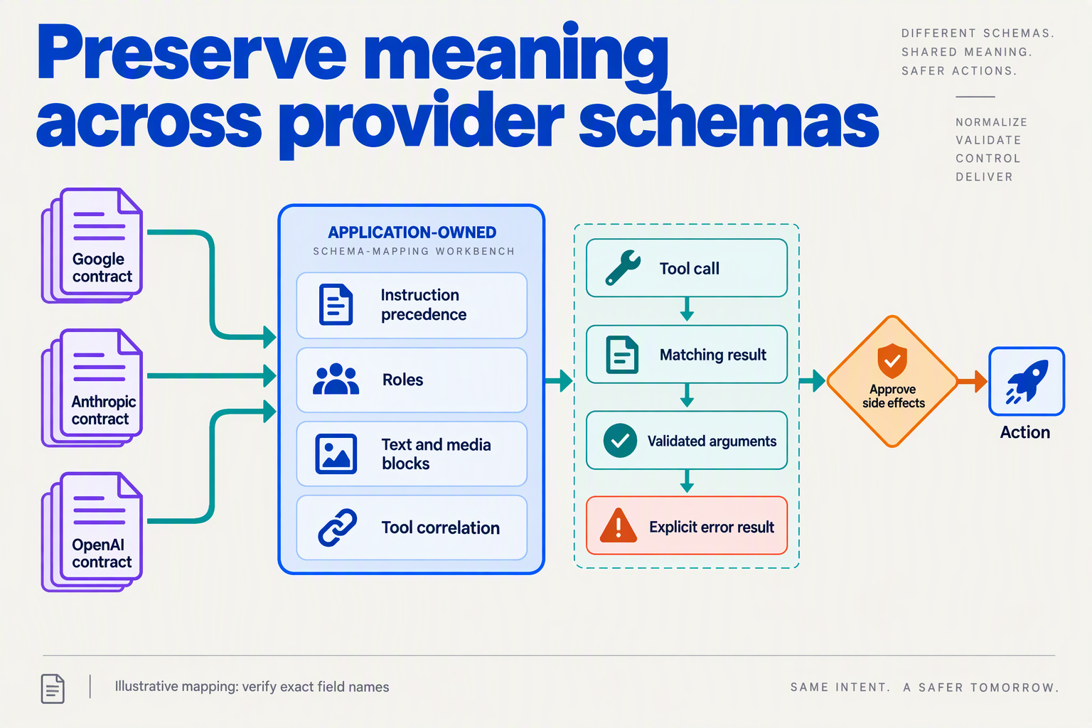 Illustrate a schema-mapping workbench as a left-to-right technical infographic titled Preserve meaning across provider