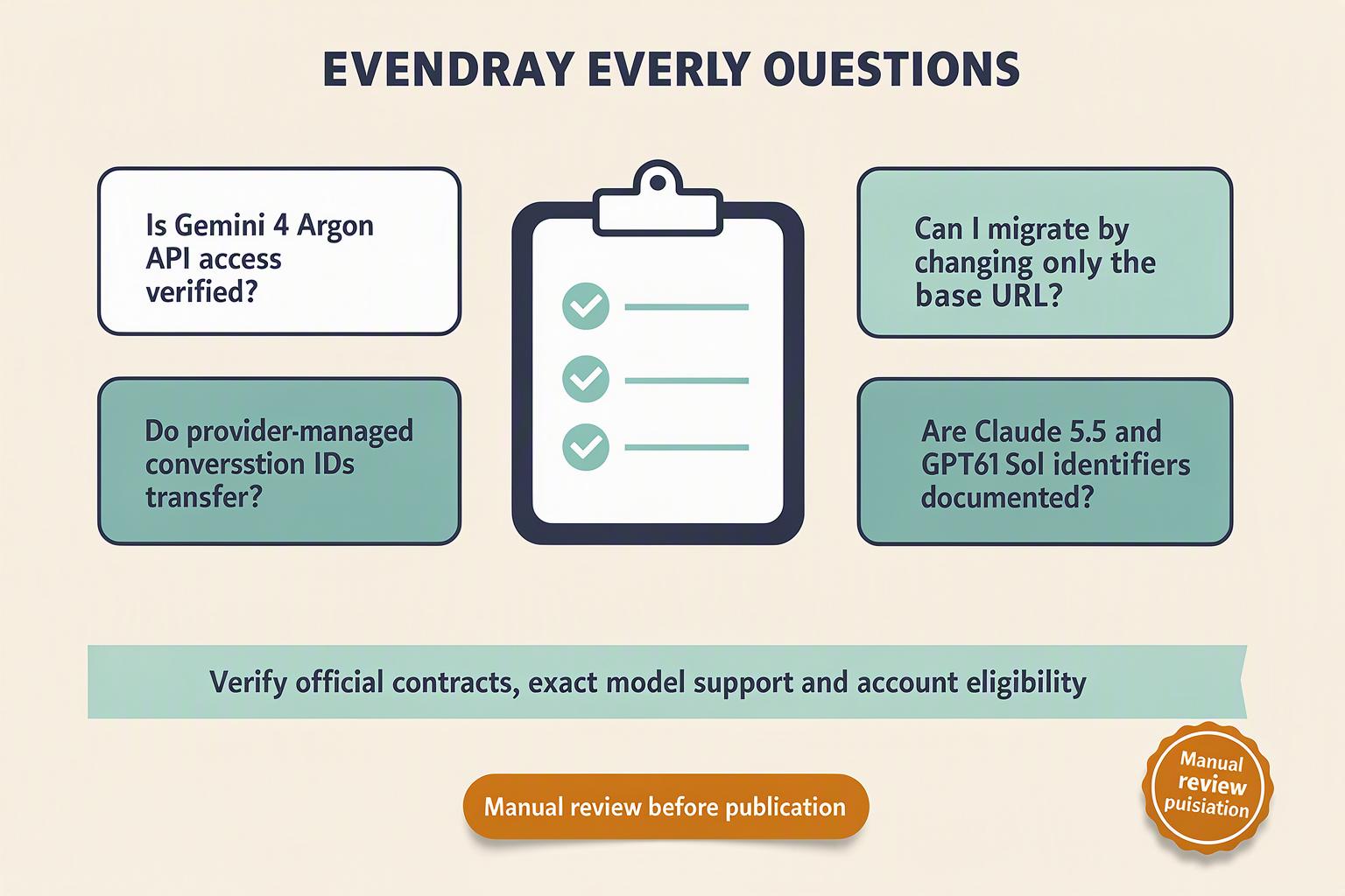 Create an editorial FAQ infographic composed of four distinct question cards arranged around a central checklist icon
