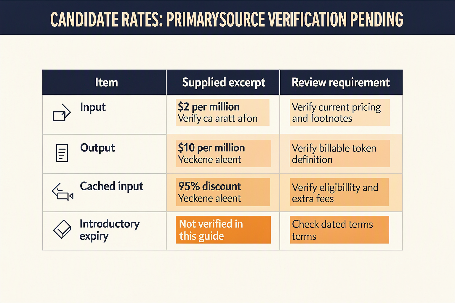 Design a compact evidence-led pricing table with the title Candidate rates: primary-source verification pending