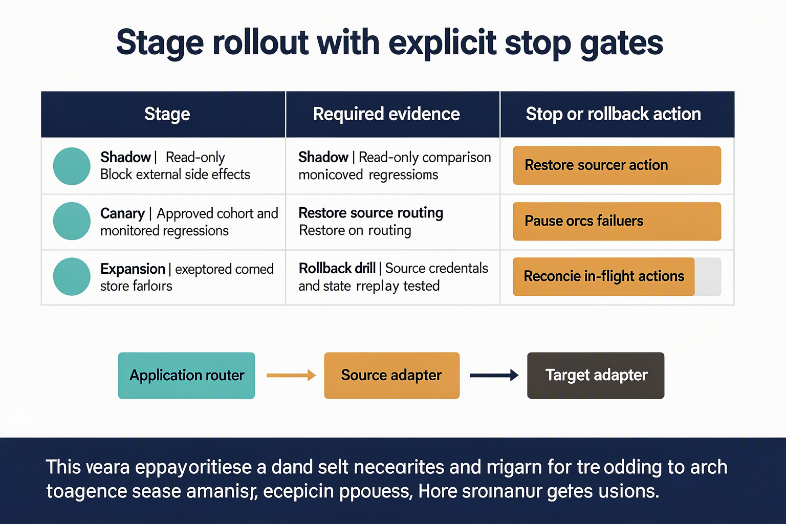 Design a deployment-readiness table titled Stage rollout with explicit stop gates, using columns Stage, Required evidence
