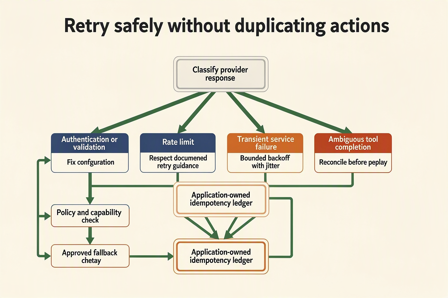 Create a branching flowchart titled Retry safely without duplicating actions