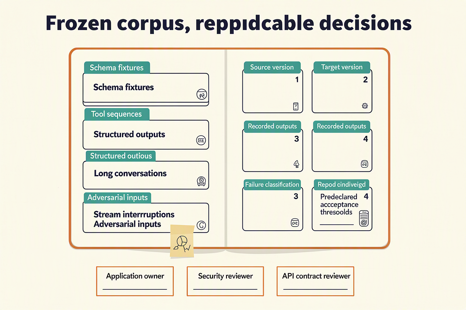 Depict a release-evaluation scorecard titled Frozen corpus, reproducible decisions as an infographic shaped like an open