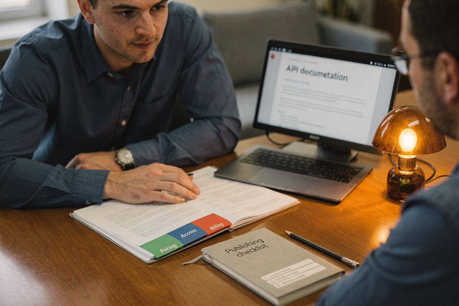 Show an editor and an API engineer reviewing a research packet together at a quiet conference table in morning light