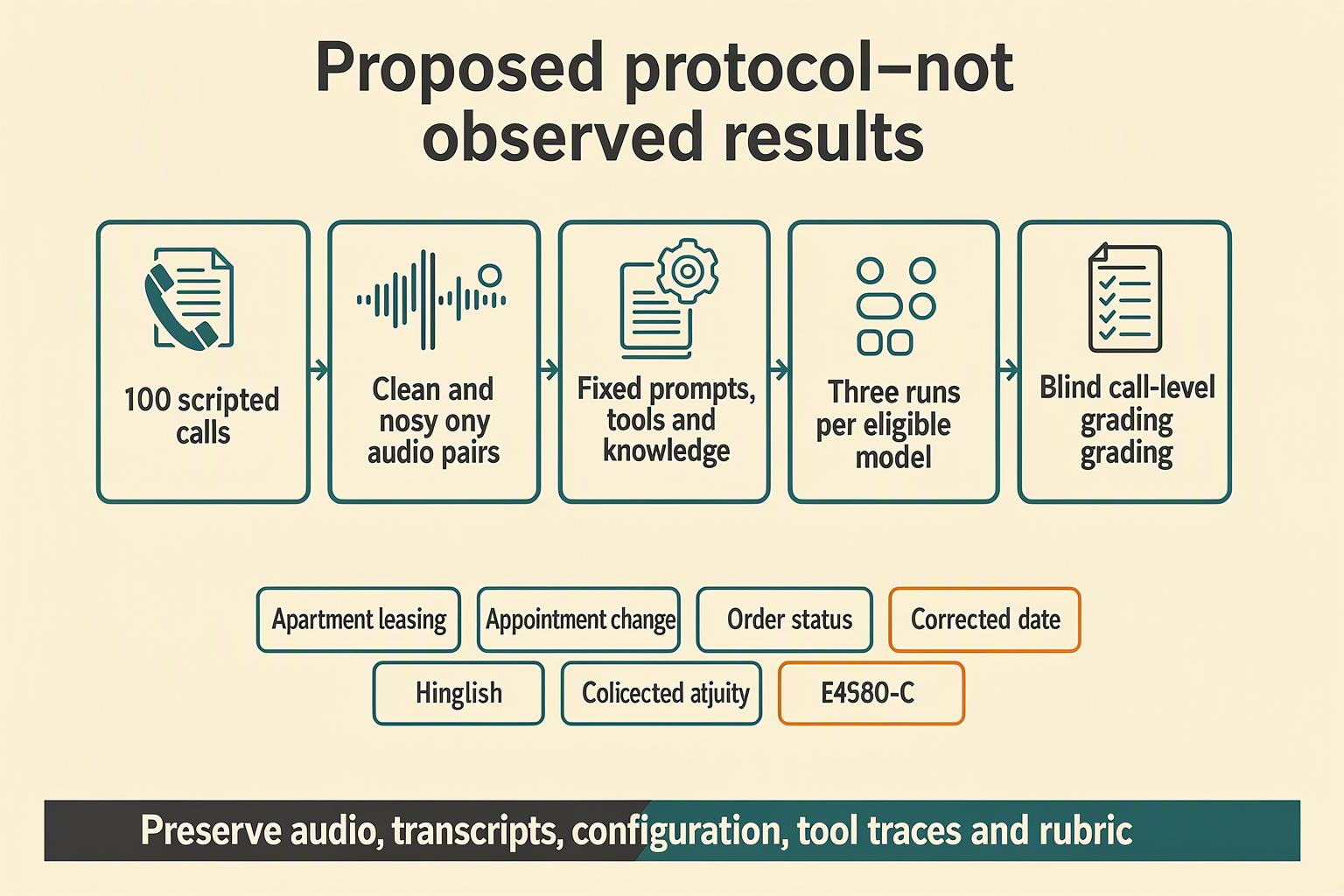 Illustrate a reproducible evaluation workbench as a left-to-right infographic titled Proposed protocol—not observed results