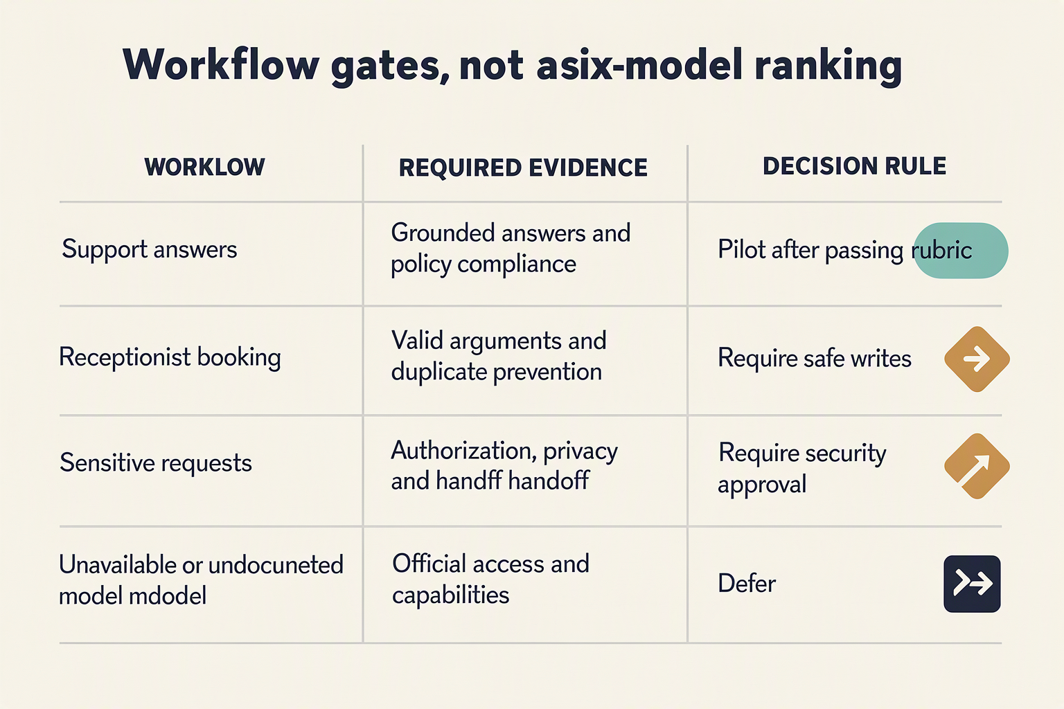 Render a decision table titled Workflow gates, not a six-model ranking