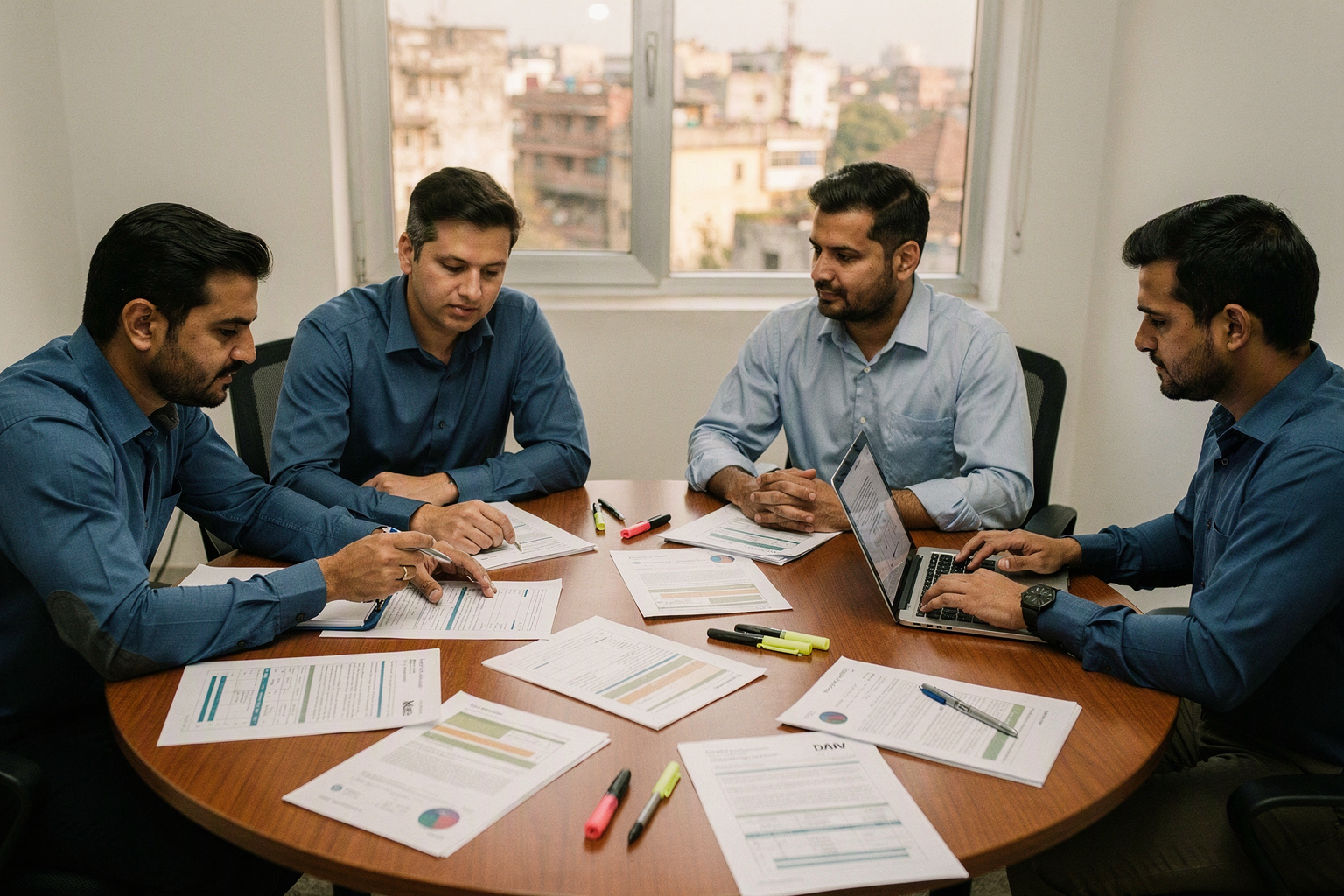 Show an editorial review meeting in a bright, modest conference room