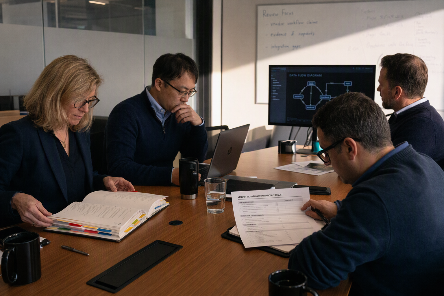 Show a cross-functional enterprise review meeting in a quiet glass-walled conference room during late afternoon