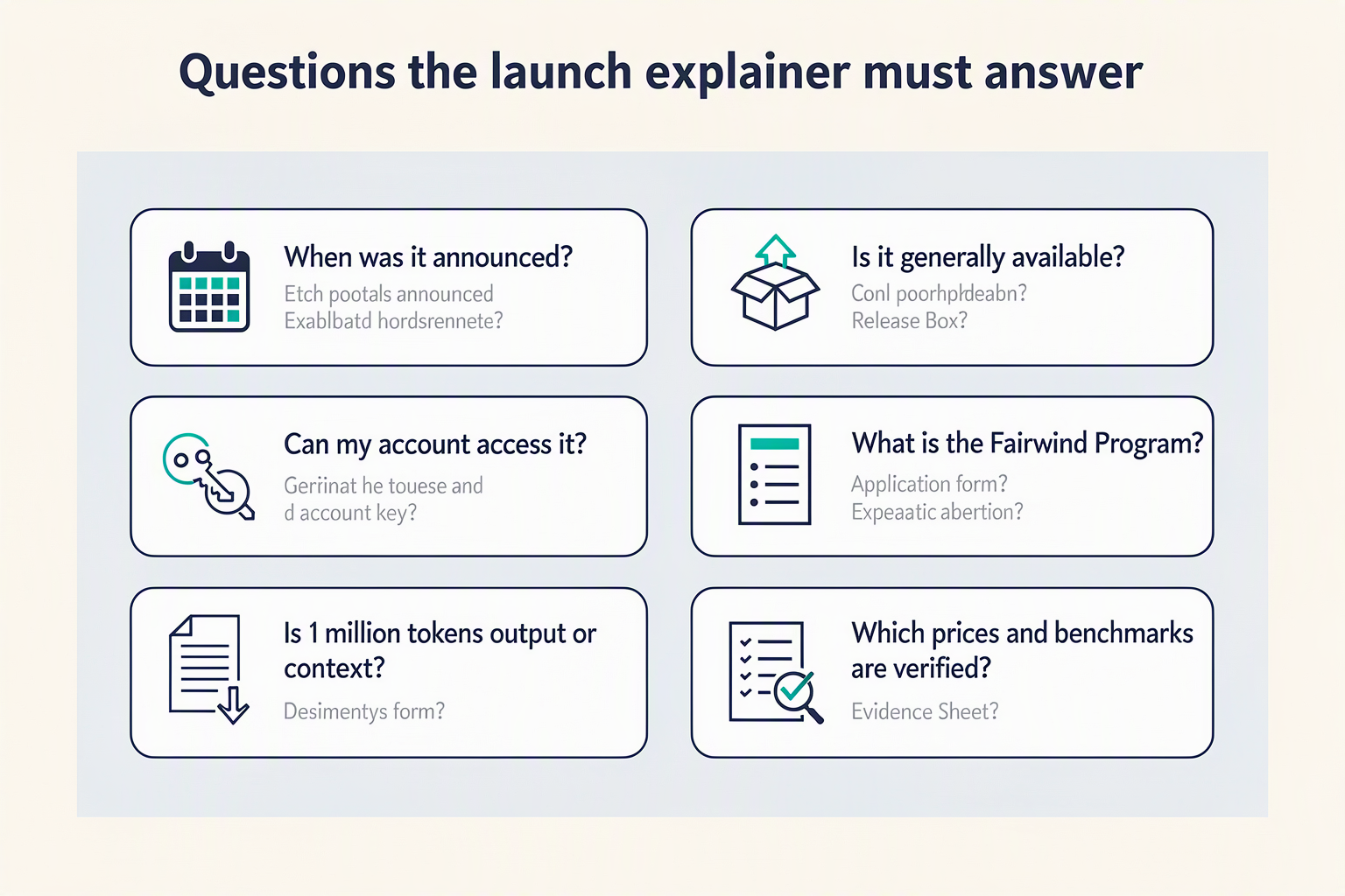 Design an FAQ navigation infographic as six rounded question cards arranged in a two-column grid on a pale blue background