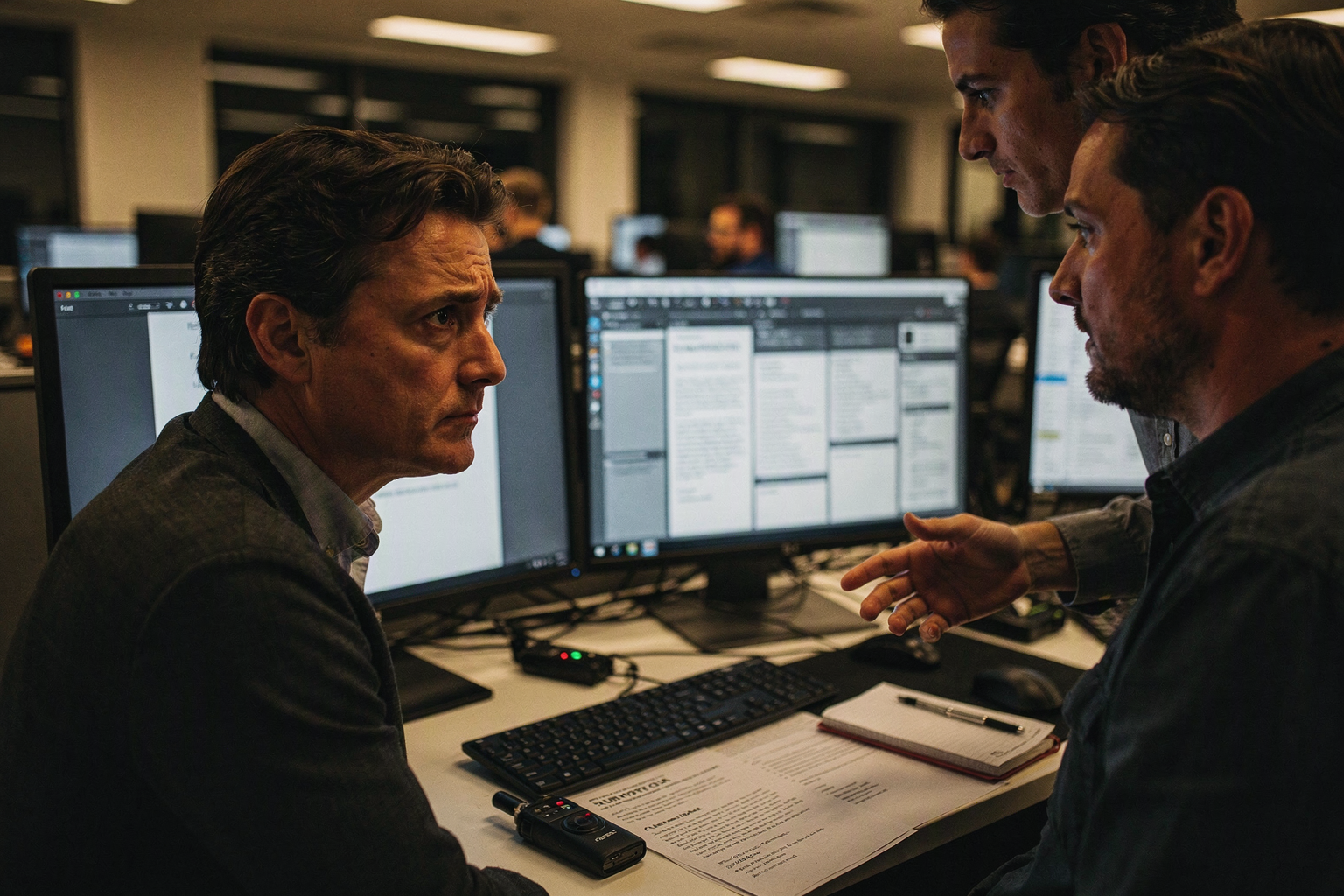 Depict a technology editor working at a newsroom desk in the early evening, comparing an official announcement on one