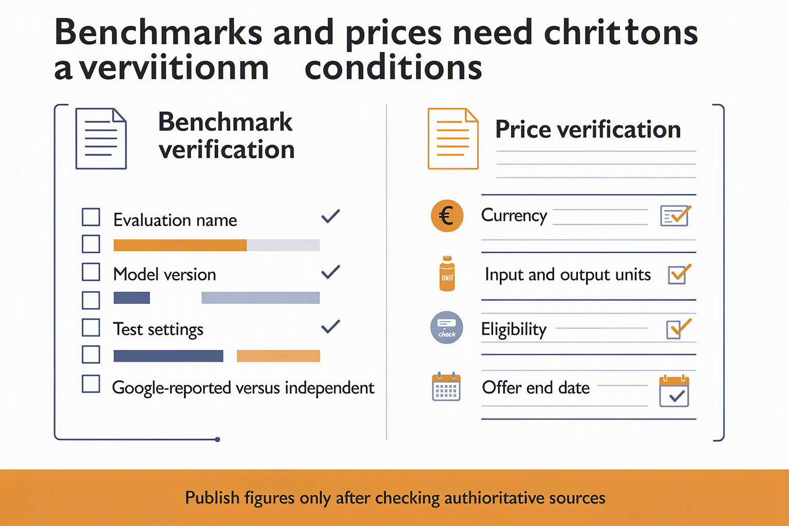 Design a two-panel evidence infographic on a warm white canvas titled Benchmarks and prices need their conditions