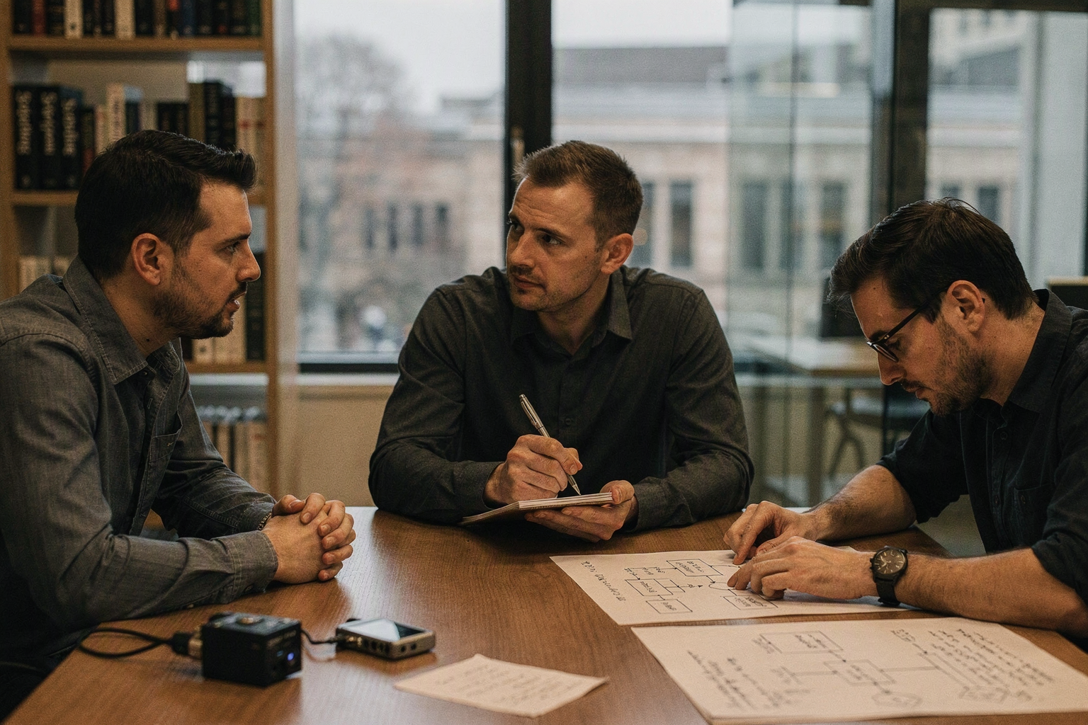 Show a technology editor conducting a careful interview with an independent security researcher in a quiet office