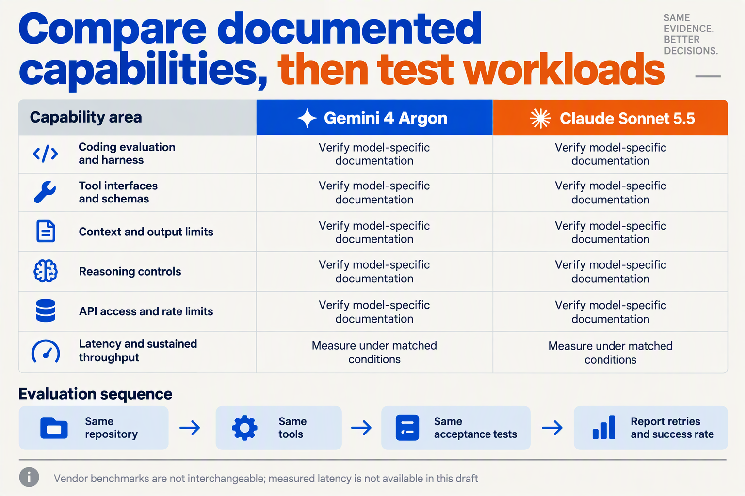 Create a spacious evidence matrix headed Compare documented capabilities, then test workloads with equal columns labeled