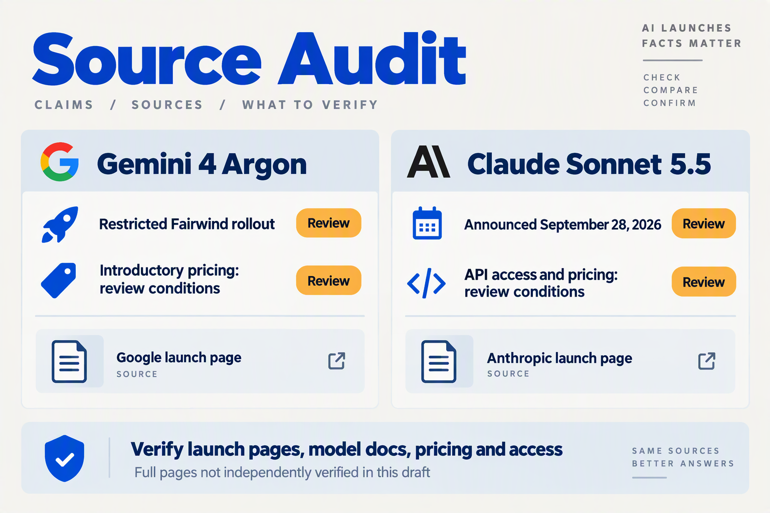 Design a source-audit table with two labeled columns, Gemini 4 Argon and Claude Sonnet 5.5, against a light slate background