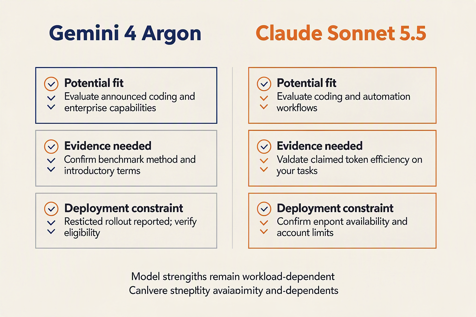 Illustrate a balanced trade-off board with two equal columns labeled Gemini 4 Argon and Claude Sonnet 5.5