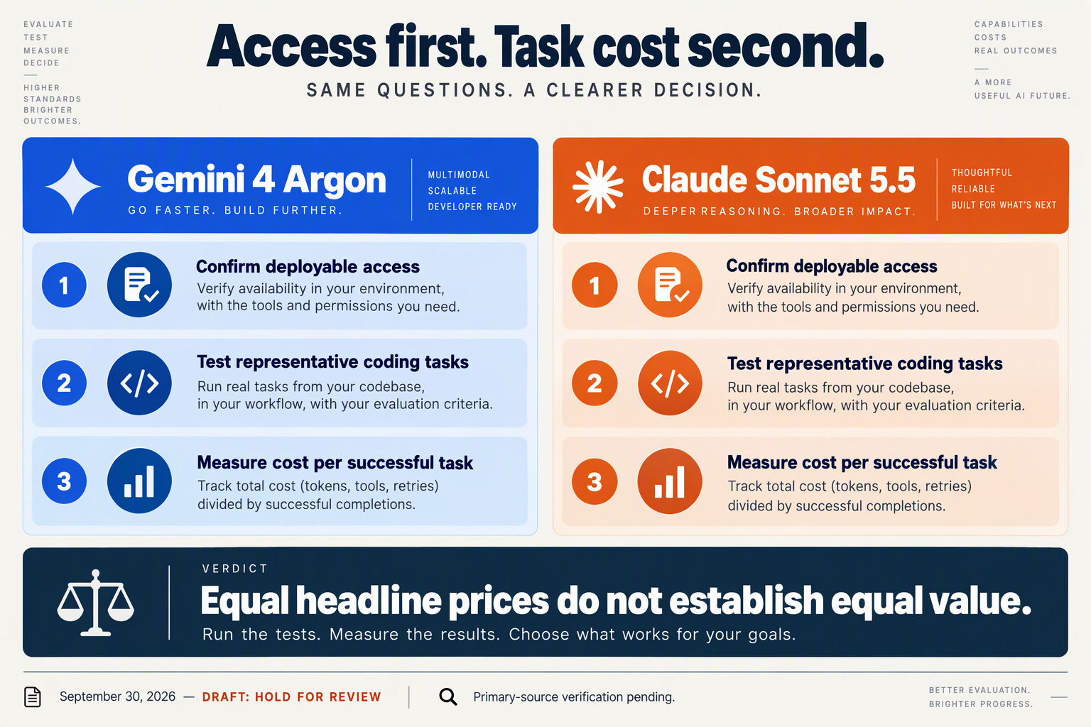 Build an answer-first comparison infographic with equal blue and amber columns labeled Gemini 4 Argon and Claude Sonnet 5.5