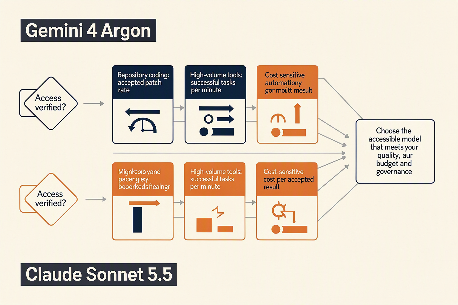 Create a decision-tree infographic with parallel lanes labeled Gemini 4 Argon and Claude Sonnet 5.5