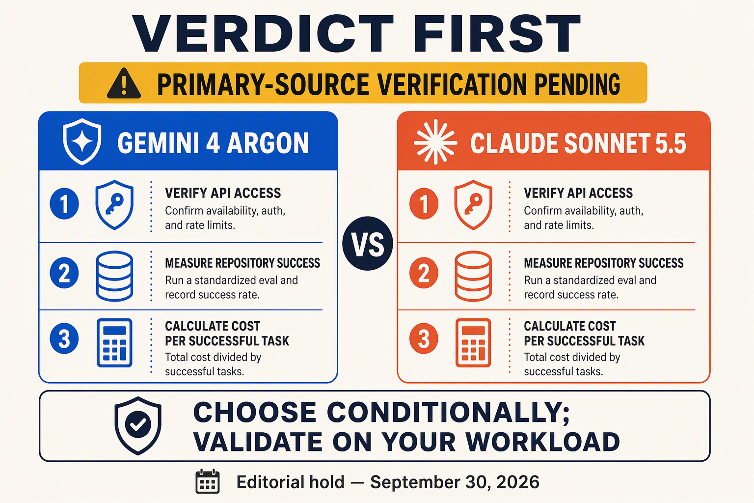 Design a verdict-first infographic with two equally sized comparison cards, labeled Gemini 4 Argon and Claude Sonnet 5.5,